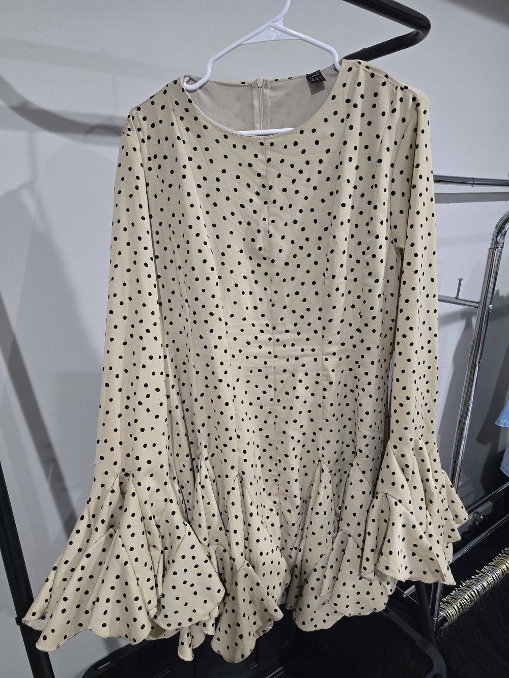 Beige Polka Dot Mini Dress with Ruffle Hem